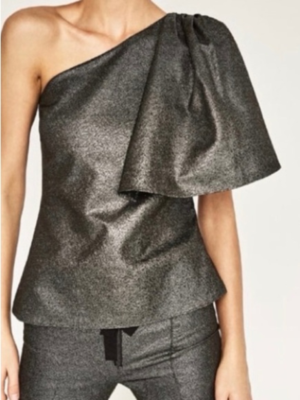 ZARA Metallic One Shoulder Top, Silver, Lined, Women's (US M)